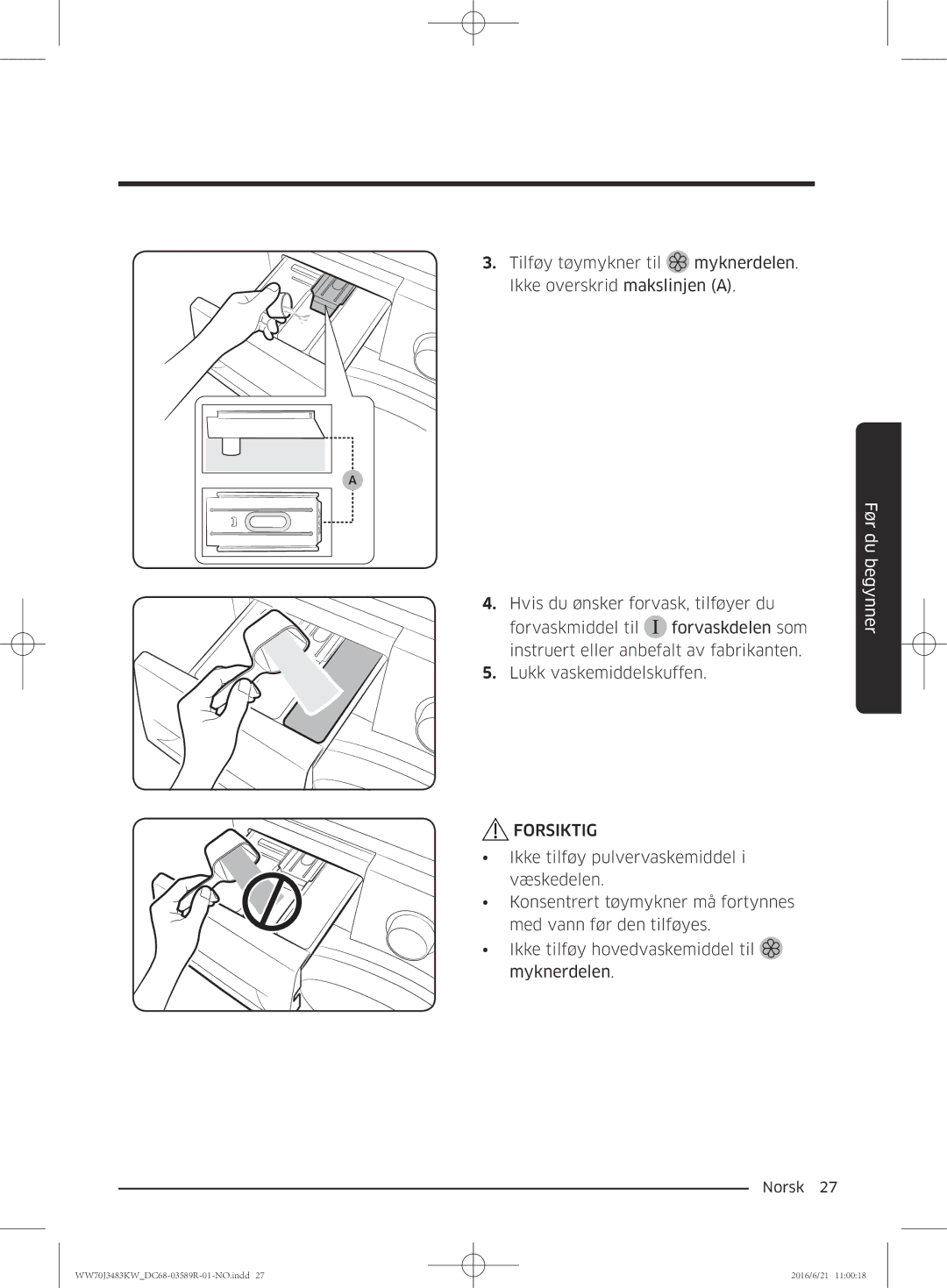 Samsung WW70J3283KW/EE manual Norsk  